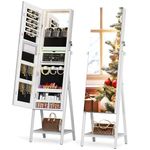 SDHYL Jewelry Armoire with Mirror,Full Length Mirror with Storage,Lockable Standing Jewelry Cabinet Built-in Mirror and Led Light,Space-Saving Jewelry Organizer for Bedroom,White