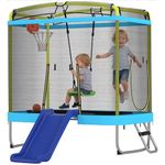 Qaba 70" x 47" Trampoline for Kids, Indoor & Outdoor Toddler Trampoline with Slide, Swing, Basketball Hoop, Ladder and Safety Enclosure, Gift for Boys & Girls, Light Blue