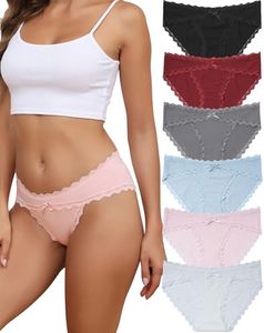 LEVAO Womens Underwear Cotton Cheeky Bikini Panties High Waisted Lace Ladies Stretch Briefs S-2XL, 6 Pack-black/Wine Red/Gray/White/Pink/Blue, Medium