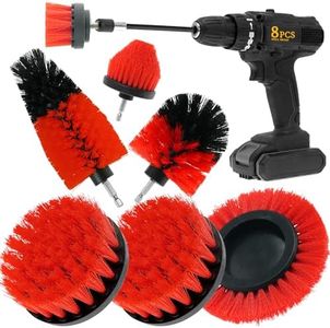 ETOUPA 8 Pcs Drill Brush Attachment Set, Power Cleaning Scrub Brush Kit with Extend Long Attachment, All Purpose Drill Scrub Brushes for Car, Grout, Floor, Tub, Bathroom and Kitchen (red)