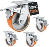 TKU 5 Inch Caster Wheels, Heavy Duty Casters Set of 4 - Dual Locking Casters with Swivel, 4200 LBS Load, Non-Marking Polyurethane on Steel Core, Industrial Castor Wheels for Carts, Workbench & Toolbox