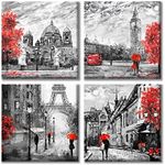 Paimuni Black White Red Contemporary Wall Art Big Ben Eiffel Tower Berlin Street Oil Painting Printed on Canvas Romantic Picture Framed Artwork Prints for Wall Decor 12x12 Inches