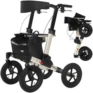 MobiQuip All Terrain 4 Wheel Rollator Walker with Seat, Champagne Coloured Frame - Lightweight, Folding Mobility Aids with Large 12" Pneumatic Tyres - Adjustable Handles, Easy-Grip Brakes & Storage