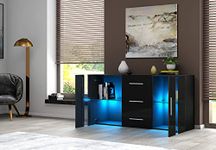 Panana 2 Doors 3 Drawers Sideboard Cupboard Unit Cabinet RGB LED lighted Storage with glass on the door and inside (Black)