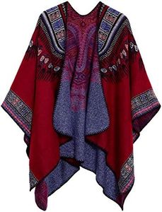 Women's Knitted Floral Print Shawl Poncho Cape (Series 2-Red)