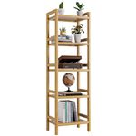 HITNET Bookshelf, 5-Tier Bookcase, Adjustable Tall Narrow Book Shelf, Freestanding Bamboo Display Storage Organizer with Open Shelves, Natural