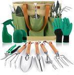 YAUNGEL Garden Tools Set, 10 Piece Heavy Duty Stainless Steel Gardening Tools with Non-Slip Wood Handle, Tote Bag, Gloves, Trowel, Kneel, Weeder Tools - Garden Gifts Packing for Women Men