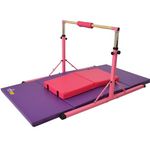 LeapGymnastics Junior GymPro Adjustable Gymnastics Bar Kit for Kids with Mats - Foldable Home Gym Equipment with Floor Mat, Crash Mat, and Bar Pad - Training Gym Bar Set for Girls & Boys - Pink