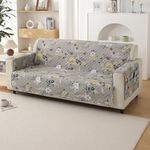 HOKIPO Polyester 3 Seater Quilted Sofa Cover with Pockets, Floral Ash Grey (IN-742-D3)