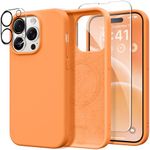 GONEZ for iPhone 14 Pro Case Silicone, with 2 Pack Screen Protector + 2 Pack Camera Lens Protector, Shockproof iPhone 14Pro Phone Case Cover with Soft Microfiber Lining, Anti-Scratch, 6.1'', Orange