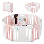 COSTWAY Foldable Baby Playpen, Plastic Infants Play Pen with Whiteboard and Rotatable Ball, Adjustable Play Yard Fence for Babies, Toddlers (Pink, 14 Panels)