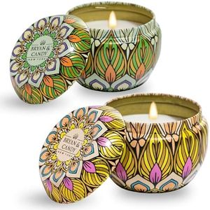 Bryan & Candy Scented Candles Gift Set for Women & Men| 60gm Each Soy Wax Eco-Friendly Printed Tin, Pack of 2 (Turquoise Blue | Spiced Apple)