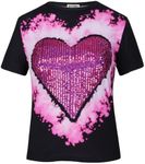 PESION Womens Short Sleeve T-Shirt Sequined Tops O-neck Funny Graphic Tees Blouse, Black+ Pink Tie Dye, Large