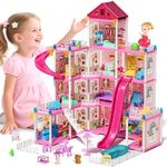 Lehoo Castle Doll House Dreamhome, 4-Story 12 Rooms Dollhouse Playhouse with Doll and Furniture, Pretend Dream Dollhouse Playset Pink Girl Toys, Sturdy Construction, Easy to Move, Ideal Gift Toy