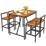 Tangkula 5-Piece Outdoor Acacia Wood Bar Table Set, Bar Height Outdoor and Rattan Dining Set, Rectangular Bar Table with Umbrella Hole and 4 Bar Stools for Patio, Garden and Backyard