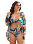 Plus Curvves3 Pack Plus Plant Print Knot Front Bikini Swimsuit & Kimono - 4XL| Plus Size Bikini for Women