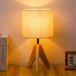 YOUDIAN Wood Bedside Table Lamp 39cm,Tripod Desk Lamp with Beige Linen Lampshade,Table Lamps for Living Room,Bedroom,Reading,Study,Office,E27 Base(LED Bulb Included)