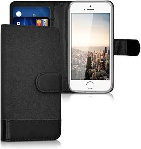 kwmobile Wallet Case Compatible with Apple iPhone SE (1.Gen 2016) / iPhone 5 / iPhone 5S - Case Fabric and Faux Leather Phone Flip Cover - Anthracite/Black