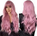 Esmee 26 Inches Long Pink Wig with Bangs Natural Synthetic Hair Wavy Wigs for Women Daily Party Cosplay Wear