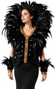 Oversized Black Goose Feather Cape and Cuffs, 3-Piece Showgirl Costume Set