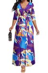 FANDEE Women's Maxi Dress 2024 Floral Print Boho Dress Summer Long Maxi Dress V-Neck 3/4 Sleeve with Pocket, Blue Purple Block, 3XL