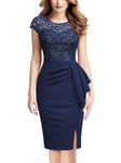 MIUSOL Women's Vintage Floral Lace Sequin Scoop Neck Ruffle Trim Cap Sleeves Cocktail Party Formal Bodycon Dress (Medium, Navy Blue)