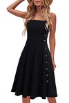 Liyinxi Women's Casual Summer Beach Flattering Flowy A-Line Spaghetti Straps Solid Cotton Button Down Midi Sundress (XL, L8006-Black)