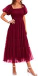 PRETTYGARDEN Women's Smocked Midi Tulle Dress 2025 Summer Puffy Short Sleeve Square Neck Ruffle Wedding Guest Party Dresses (Wine Red,XX-Large)