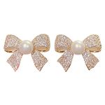 Women Earrings for Ramadan Mother's Day Pearl Bow Rhinestone Earrings Thin Dangle Gold Elegant Pearl Rhinestone Earrings Wedding Women Accessories Jewelry Bow Earrings For Women Hoop (Gold, One Size)