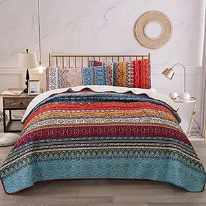 WONGS BEDDING Bohemian Quilt Set California King, Boho Striped Pattern Printed Quilt Coverlet for All Season, Soft Microfiber Boho Bedspread Set 96"x106"(3 Pieces, Cal King)