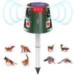 Ultrasonic Animal Deterrent Outdoor, Solar Power Cat Rodent Raccoon Repeller, Rabbit Snake Control Device with Motion Sensor and FIashing Light, Waterproof Outdoor Animal Device for Deer Squirrel