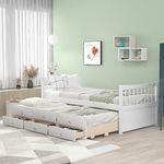 Twin Captain’s Bed Storage Daybed for Kids Guests Solid Wood Bed with Trundle and Drawers,White