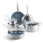 GreenPan Treviso Healthy Ceramic Non-Stick Stainless Steel Cookware, 10 pieces, Including Frying Pans Sauté Pan and Saucepan, PFAS-free, Induction, Oven Safe, Silver