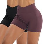 Iserkafe Workout Shorts for Women 2 Pcs Pack Cross Waist Active Gym Spandex Stretchy Yoga Compression with Side Pockets,Black+Burgundy-S