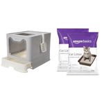 Amazon Basics Foldable Covered Cat Litter Box with Anti-Spill Tray|Top and Side Openings with Amazon Basics Scoopable Smart White Bentonite Scented Cat Litter|10 Kg|Organic|Lavender Fragrance