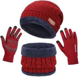 MAYLISACC Winter Knit Beanie Hat Neck Warmer Scarf and Touch Screen Gloves Set 3 Pcs Fleece Lined Skull Cap for Men Women Red