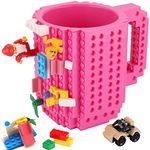 Build-On Brick Coffee Mug,Funny DIY Novelty Cup with Building Blocks Christmas Birthday Presents Easter Fathers Day Santa Mugs Nerdy Gifts for Dad Men Kids Boy Him Women Adult Girl Friend(Pink)