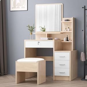 ALFORDSON Dressing Table and Stool Chair Set Wood White Color, Makeup Vanity Desk with Mirror, Mutiple Shelves & Side Cabinet, Dresser Organiser for Women Bedroom Dress Room