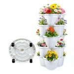 Bamworld 5-Tier Stackable Planter Tower with Locking Wheels, Indoor Outdoor Vertical Garden for Herbs, Strawberries, Flowers, Vegetables in White