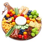 hecef Acacia Wood Large Cheese Board Charcuterie Board, Round Cutting Board with Paddle Handle for Pizza, Cheese, Fruits, Vegetables, Bread - Food Serving Tray - 12 inch