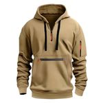 Mens Hoodies Half Zip Pullover Work Jumpers Military Tactical Sweatshirts Sport Hooded Sweatshirts Winter Jackets Long Sleeve Hoody Top Zipper Pockets Casual Fashion Gym Work Sports Coat Khaki