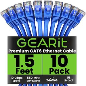 GearIT Cat 6 Ethernet Cable - High-Speed LAN Cord for Gaming and Personal Computers - Cat6 Patch Cable with RJ45 Connectors, 1.5 ft, Blue (10-Pack)