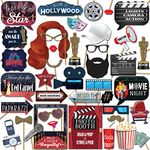 Hollywood Photo Booth Props - 41-pc Photobooth Kit with 8 x 10-Inch Sign, 60 Adhesive Pads, 45 Sticks - Movie Night Supplies - Hollywood Party Decorations