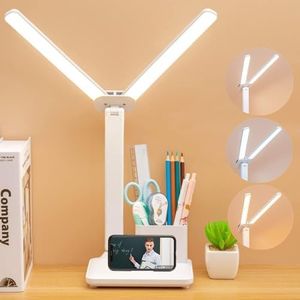 LED Desk Lamp, IGGDOQI Double Head Table Lamp with Pen Holder, USB Charging 3 Color Modes 5 Brightness Eye Care Dimmable Reading Light Adjustable Foldable Desk Light for Reading for Kids, Home, Office