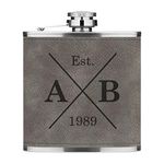 Personalised 6oz PU Leather Hip Flask Grey Custom Initials X Est Birth Date Premium Quality