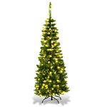 COSTWAY 4.5FT/5FT/6FT/6.5FT/7.5FT Pre-lit Slim Christmas Tree, Hinged Pencil Xmas Tree with Warm LED Lights, Foldable Metal Stand & Superior PVC Leaves, Holiday Decoration for Home and Shops(4.5FT)