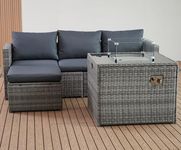 GOODS EMPORIUM Corner Rattan Garden Furniture Set with Fire Pit Table - Outdoor Patio furniture Conservatory Sofa sets - RAIN COVER INCLUDED (Grey, L Shape - Fire Pit Coffee Table)