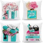 FCOZM 18x18 Pink Gold Throw Pillow Covers Fashion Women Girly Bed Decorative Pillow Covers Flower Perfume Lipstick Sofa Couch Pillow Covers Black White Accent Velvet Pillow Cases Set of 4 (Teal Pink)