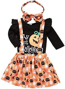 Baby Girl My 1st Halloween Pumpkin Suspender Skirt Outfits Pagliaccetto Copricapo Set di Vestiti (Nero, 0-6 Mesi)