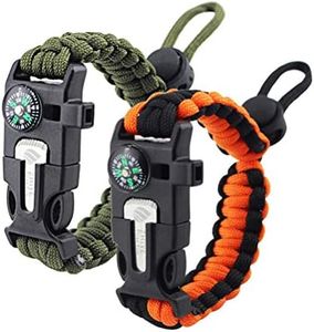 ZHIYE Survival Paracord Bracelet Flint Fire Starter Scraper Compass Wilderness Survival Whistle Adjustable Wristband 2Pack Armygreen&BlackOrange